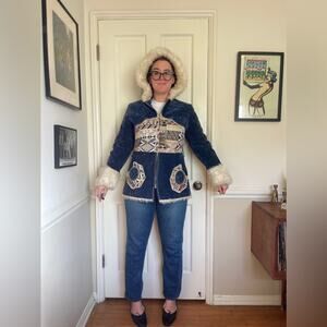 70s Vintage Blue Crush Velvet Penny Lane Style Coat w Faux Fur  Trim and Hood